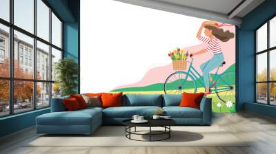 woman riding a bike in spring with flowers in the basket. cute vector illustration in flat style. Wall mural