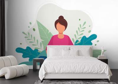 woman with laptop sitting in nature and leaves. concept illustration for working, freelancing, study Wall mural