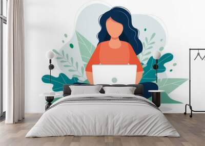 Woman with laptop sitting in nature and leaves. Concept illustration for working, freelancing, studying, education, work from home. Vector illustration in flat cartoon style Wall mural