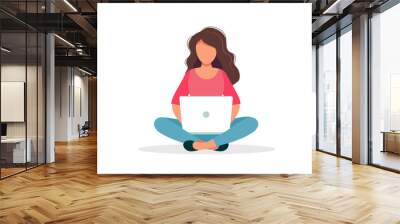 woman with laptop sitting isolated on white background. concept illustration for working, freelancin Wall mural