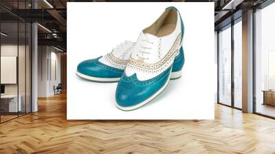 Beautiful blue woman shoes isolated on white background Wall mural