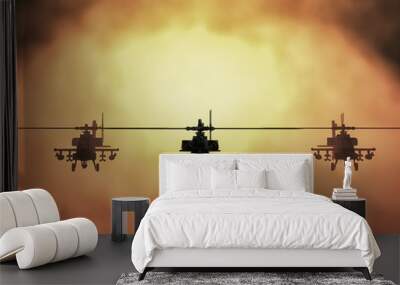 Silhouette of helicopter, soldiers rescue helicopter operations on sunset sky background. Copter in smog. 3D illustration Wall mural