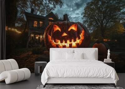 A Glowing Jack o Lantern on a Fall Evening in Front of a House Wall mural