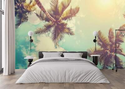 Background with a landscape of tall palm trees looking up at the blue sky during the day Wall mural