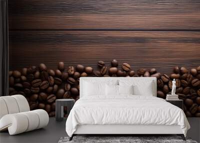 Fresh coffee beans placed on a wooden table Wall mural