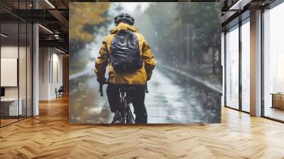 Portrait of a man riding a bicycle on a city street during heavy rain Wall mural