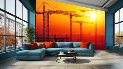 Silhouettes of Construction Cranes at Sunset Wall mural