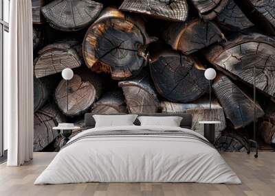 The background of neatly arranged firewood forms an abstract pattern Wall mural