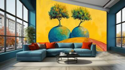 Two Trees on Blue Spheres in a Yellow Sky Wall mural