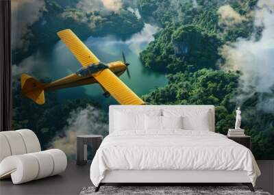 Yellow Plane Flying Over a Lush Rainforest Wall mural