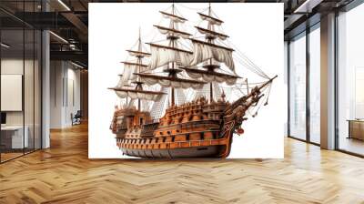 A majestic old wooden sailing ship with white sails set against a green background. Wall mural