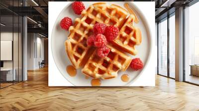 Delicious waffle breakfast with fresh raspberries and maple syrup on a white plate Wall mural