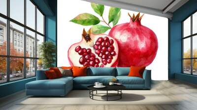 Vibrant watercolor illustration of pomegranate fruit and seeds Wall mural