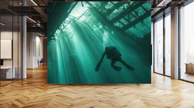 A diver exploring a shipwreck illuminated by sun rays Wall mural