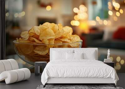 Crispy potato chips in a glass bowl with warm lighting Wall mural