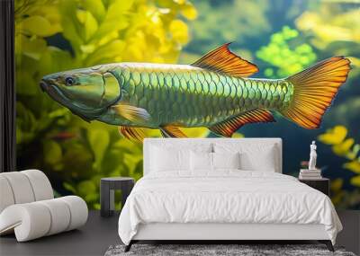 Large green and orange fish swimming among lush plants in an aquarium Wall mural