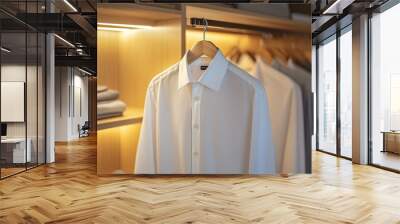 White formal shirt hanging in a wooden closet Wall mural