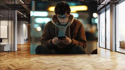 Young man wearing glasses focused on his phone at night outdoors Wall mural