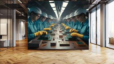 A bustling electronics manufacturing facility full of Workers assembling circuit boards, soldering tiny electronic components with precision, and inspecting the finished products. Wall mural