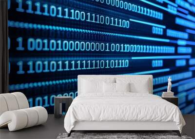 A computer screen displaying blue digital binary data and filled with rows of binary code. Zeros and ones. Wall mural