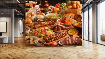 A lavish buffet with an array of colorful and diverse dishes. Wall mural