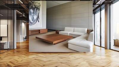 A modern living room with a minimalist design. There is a white sofa and a wooden square coffee table in the room. The wall is painted grey and has a large art poster. Wall mural