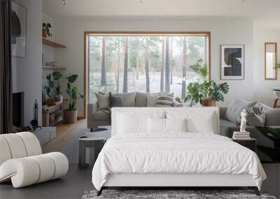 A modern living room with a Scandinavian interior design. There's a live edge accent coffee table between two sofas, a fireplace and some plants. Wall mural