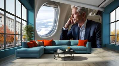 A rich, mature billionaire man sitting on a seat in his private jet. He is wearing a suit and has salt-and-pepper hair. He is looking through the plane window. Wall mural