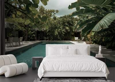 A serene swimming pool nestled among vibrant tropical plants, perfect for a summer getaway. Wall mural