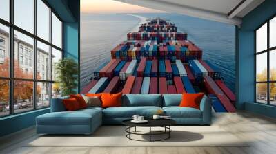 An aerial photo of a container cargo ship in the sea. The ship is filled with colorful containers. The water is calm. Wall mural