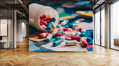 Chaos in a cluttered bedroom, depicting a spilled container of colorful pills, in shades of red, blue, and yellow, scatter across the surface, with a few rolling away. Wall mural