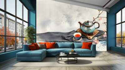  Hot chinese tea in teapot with spring flowers. Concept of culture and traditions. Banner, copy space Wall mural