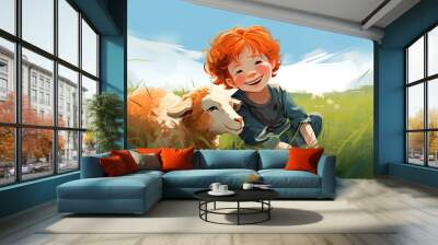  Laughing little boy with ginger hair with baby sheep and blue sky. Two friends have fun on a meadow. Wall mural