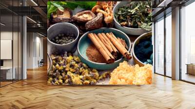 Adaptogen healthy food. Herb and spice collection on light background Wall mural