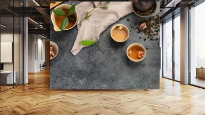 Asian tea set on dark background. Wall mural