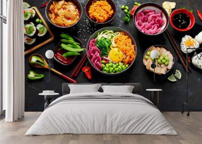 Assortment of Korean food on dark background. Wall mural