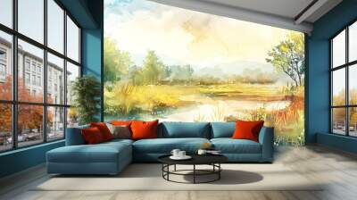 Beautiful outdoor nature scenery with valley in summer. Spring landscape illustration. Wall mural