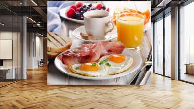 Coffee cup, Two  eggs  and bacon for healthy breakfast Wall mural