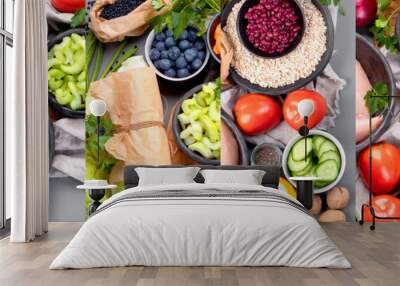 collage food of organic raw healthy products on gray background product. Wall mural