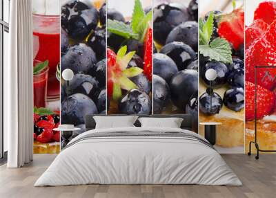 Collage made ofsmoothie with sweet cake and fresh berries. Wall mural