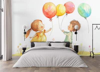 Cute baby girl and boy smiling on white background. Modern banner. Happy children's day Wall mural