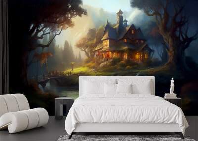 Cute magical house. Illustration. Post processed AI generated image. Wall mural