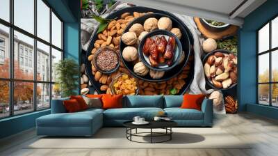 Different types of nuts, seeds and dried fruits Wall mural