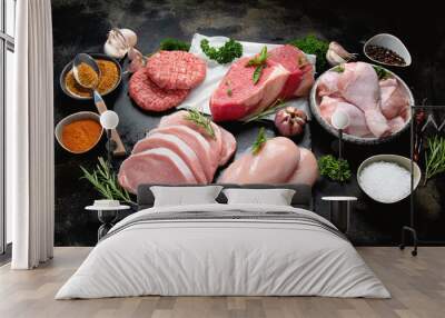 Different types of raw meat Wall mural