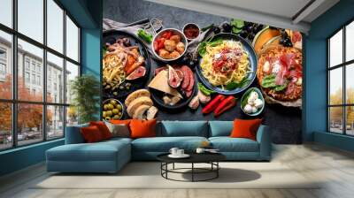 Dinner table of italian meals dishes. Wall mural