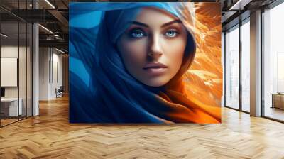 Double exposure of fashion Arabian woman in traditional orange Muslim clothing with blue eyes. Beautiful female portrait Wall mural