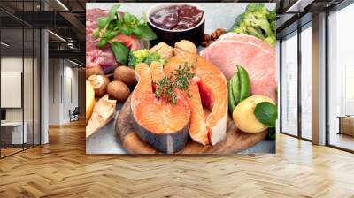 Food high in vitamin B2 on light background. Wall mural