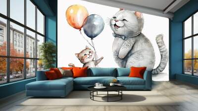 Happy Mother's Day. Cute mother and baby cat together. Watercolor Vector illustration. Generated AI Wall mural