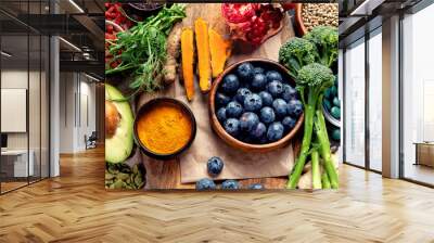 Healthy food clean eating selection on dark background. Wall mural