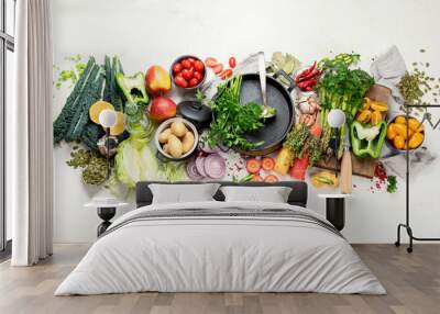 Healthy food selection. Detox and clean diet concept. Foods high in vitamins, minerals and antioxidants. Anti age foods. Wall mural